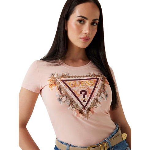 T-shirt Donna slim, a girocollo, con stampa logo triangolo floreale